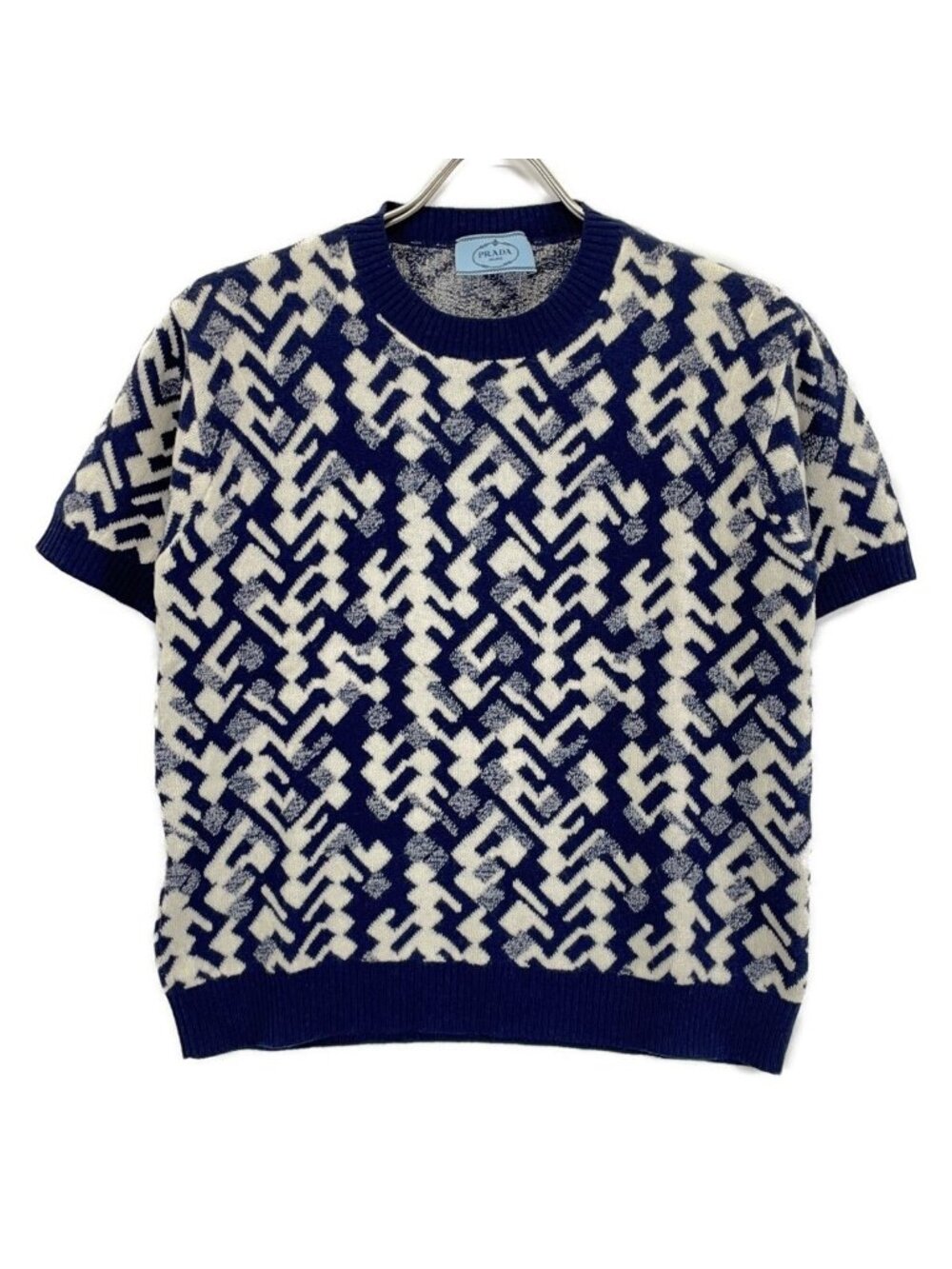 Prada Blue Wool Cashmere Allover Pattern Short Sleeve Knit 40 Sweater